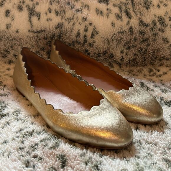J Crew Factory Gold Leather Scalloped Flats - Picture 1 of 10